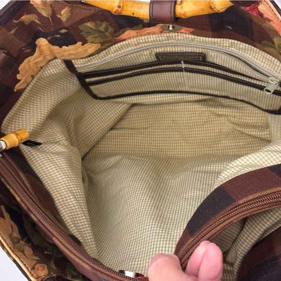 Cynthia Hart Los Angeles Floral Plaid Tote Bag Purse Bamboo Handles Gold Brown - Picture 12 of 14